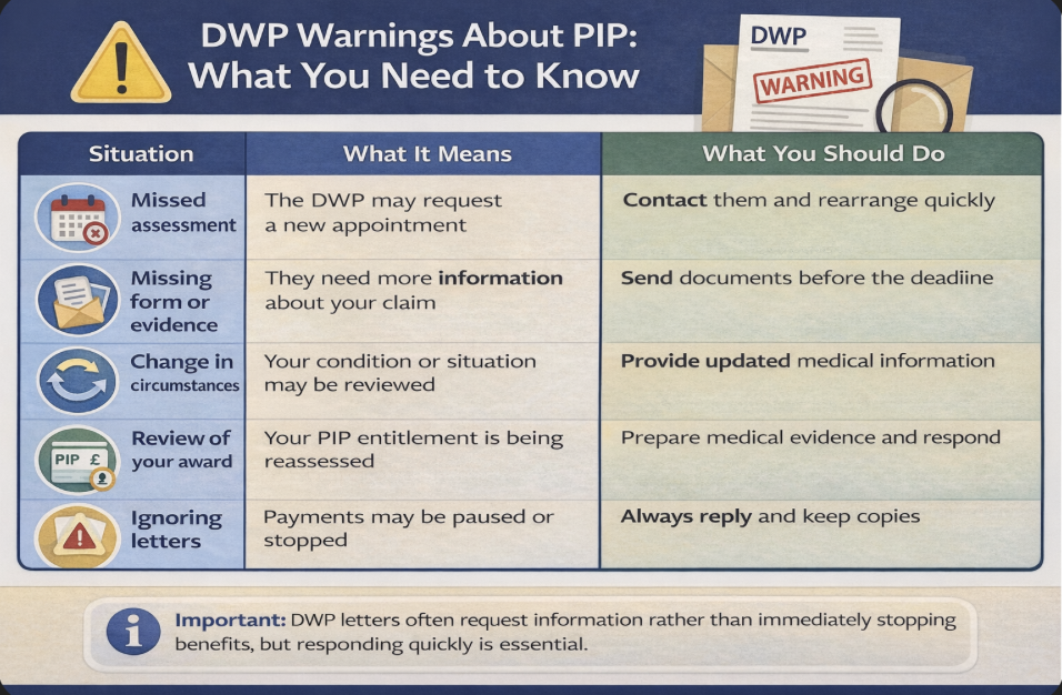 Infographic summarising common DWP warning letters related to Personal Independence Payment (PIP) in the UK and the steps claimants should take to respond and protect their benefits.